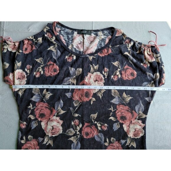 Naif Cold Shoulder Blouse Cinch Tie Large Romantic Whimsigoth Dark Floral - Picture 7 of 8